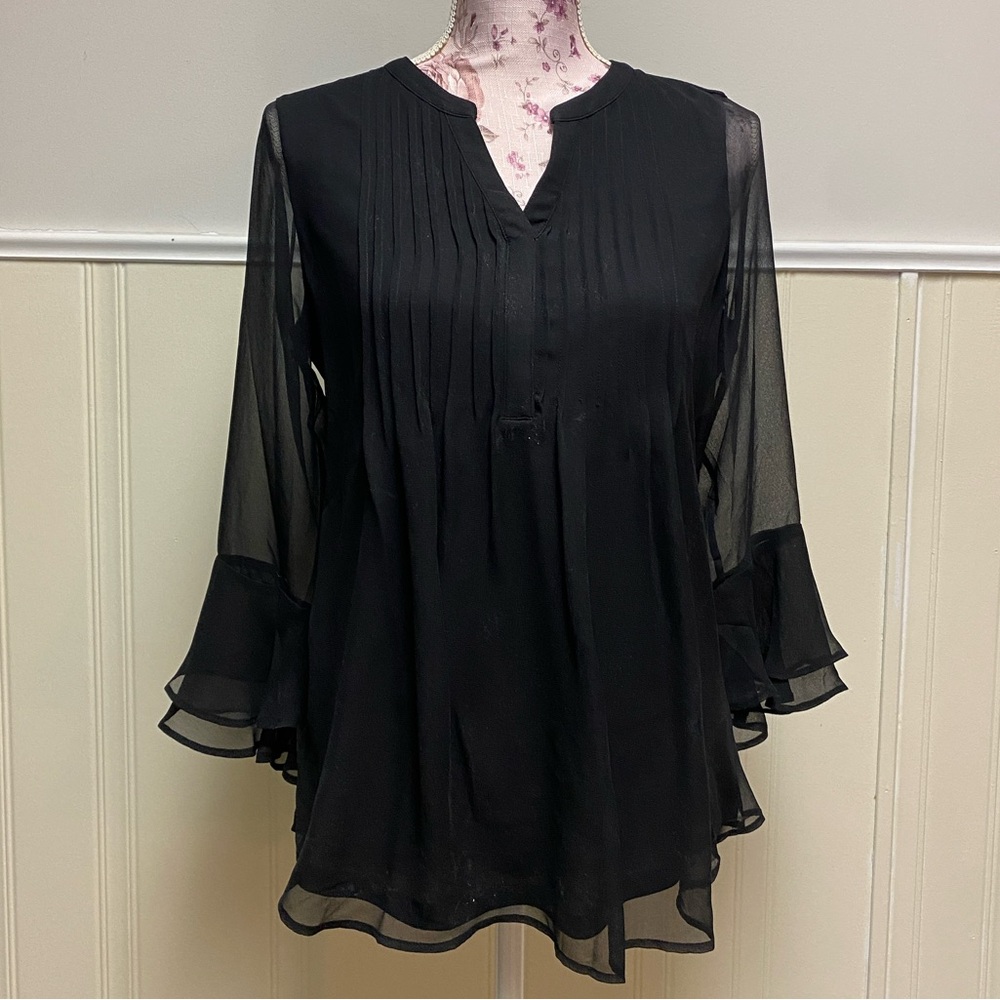 CHARTER CLUB Black Dressy Blouse Top Bell Sleeves